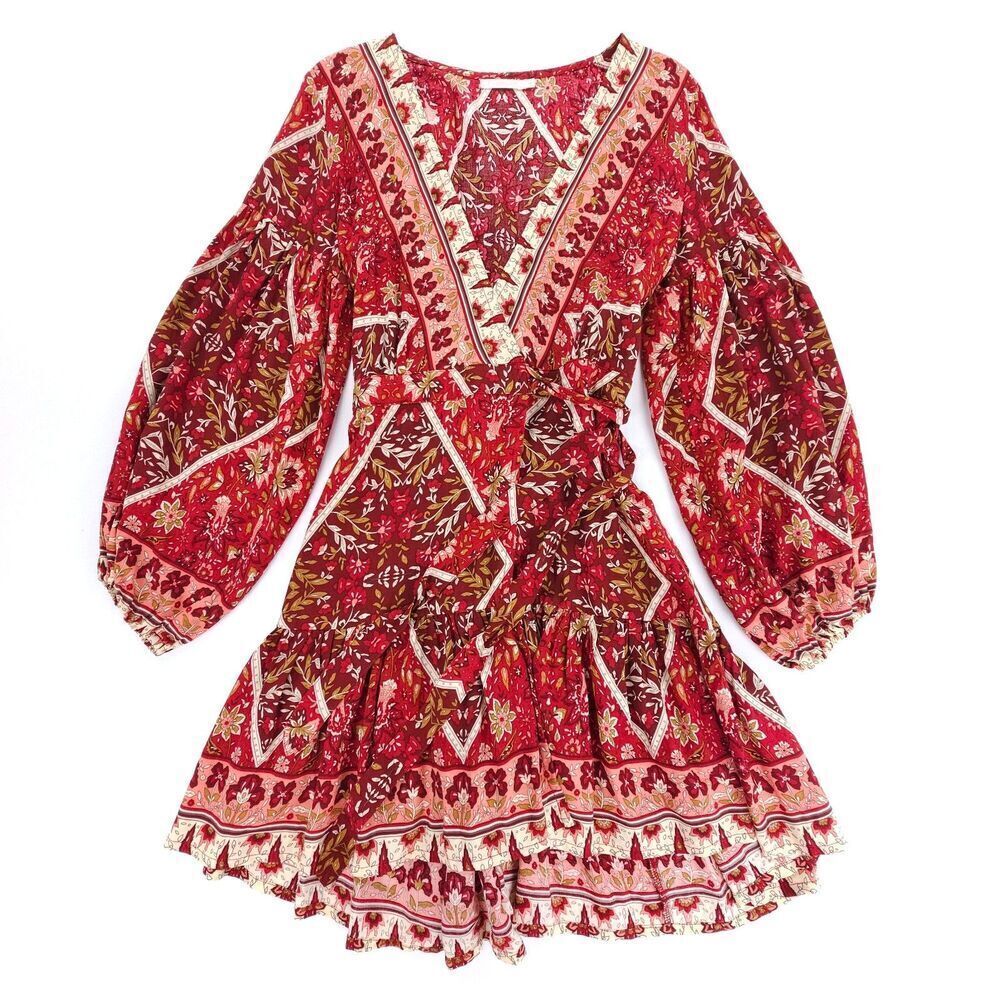 NEW Le Salty Label Hibiscus Balloon Sleeve Wrap Sun Dress Cherry Red Print Boho
